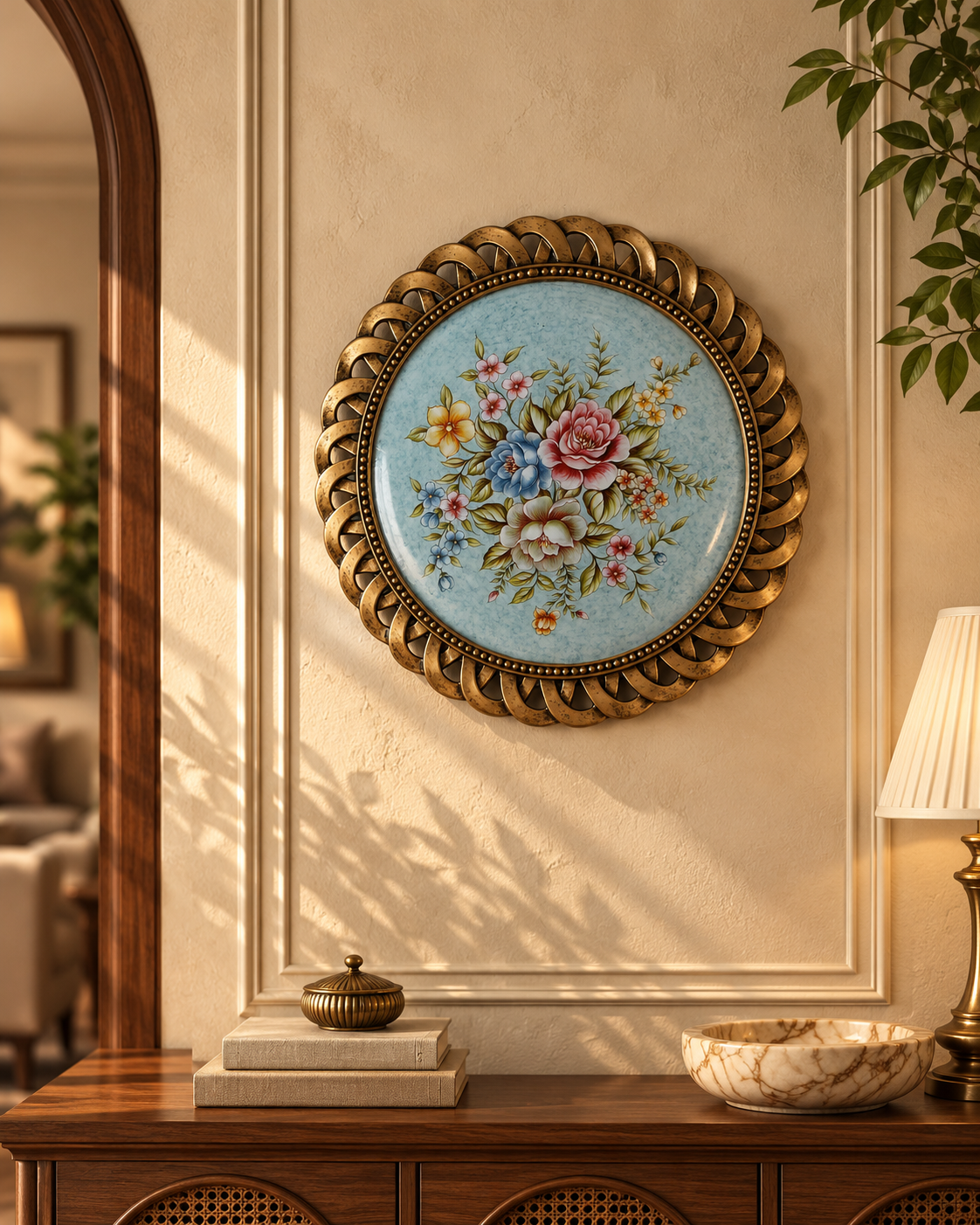 Sky Blue Floral Wall Plate with Bronze Lattice Rim