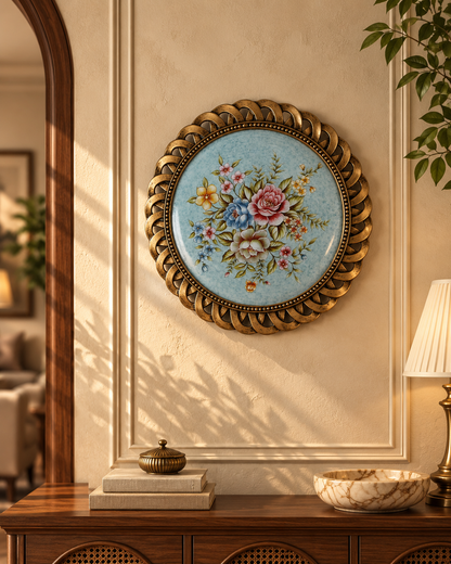 Sky Blue Floral Wall Plate with Bronze Lattice Rim
