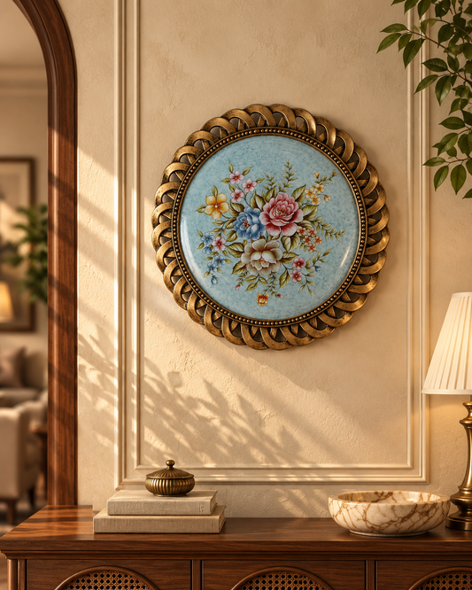Sky Blue Floral Wall Plate with Bronze Lattice Rim