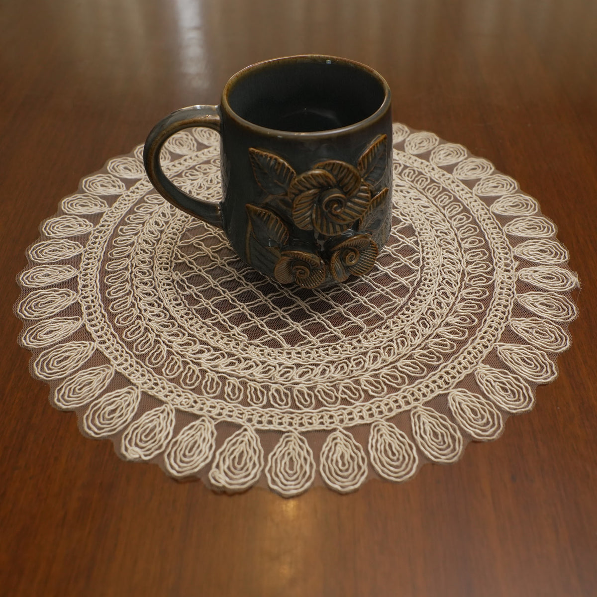 Beige Grid Petal Crochet Lace Round Table Mat (Set of 2)