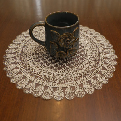 Beige Grid Petal Crochet Lace Round Table Mat (Set of 2)