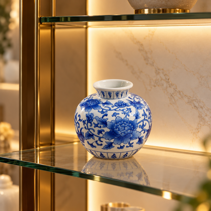 Blue Peony Ceramic Round Vase