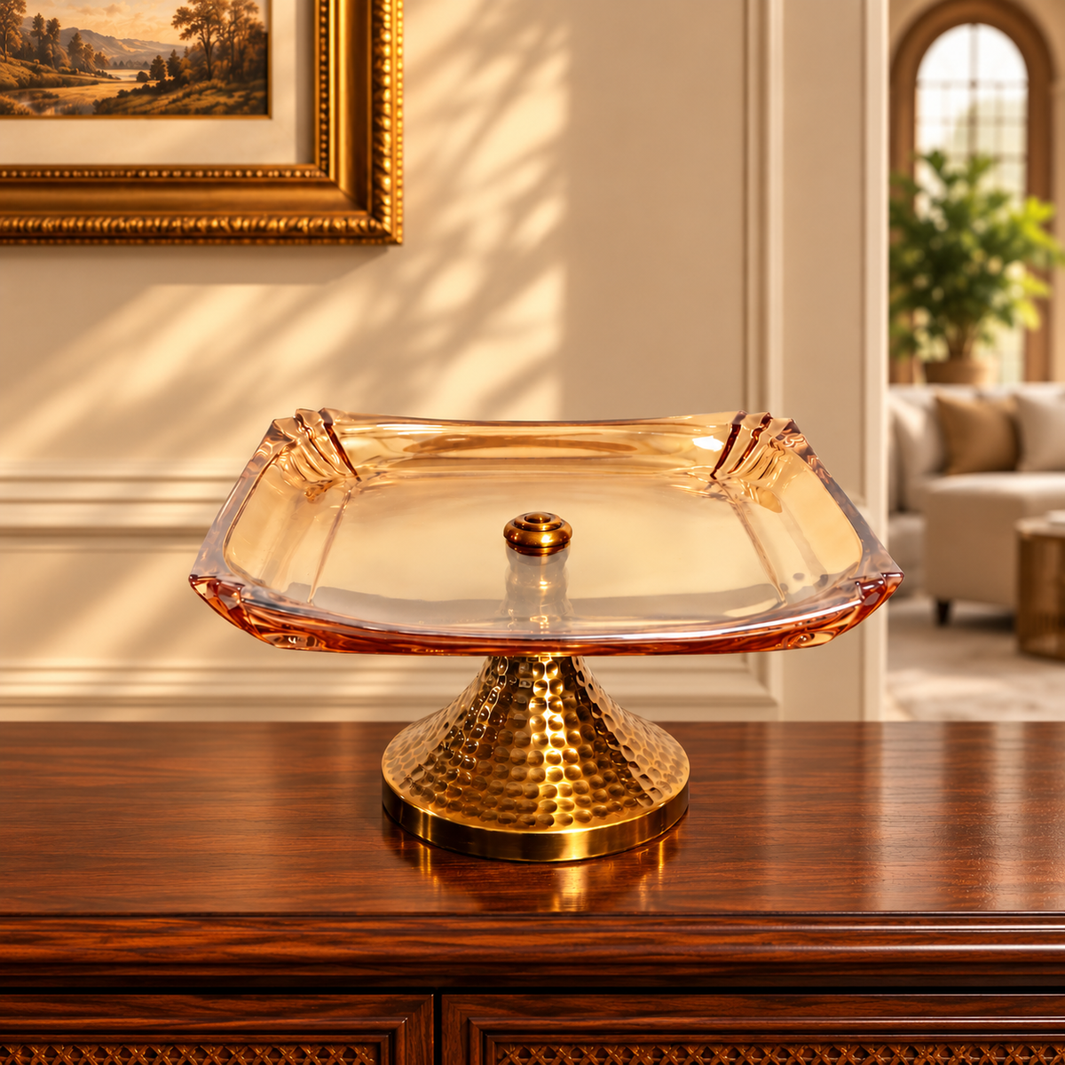 Amber Glass Square Pedestal Platter with Hammered Gold Stand