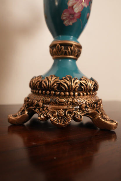 Teal Floral Ceramic 3-Arm Candle Stand with Gold Accents
