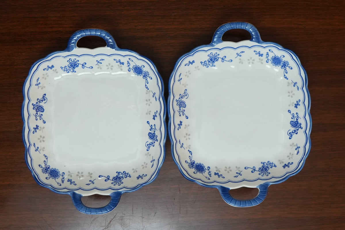 Blue Sprig Ceramic Square Platter with Handles Set of 2