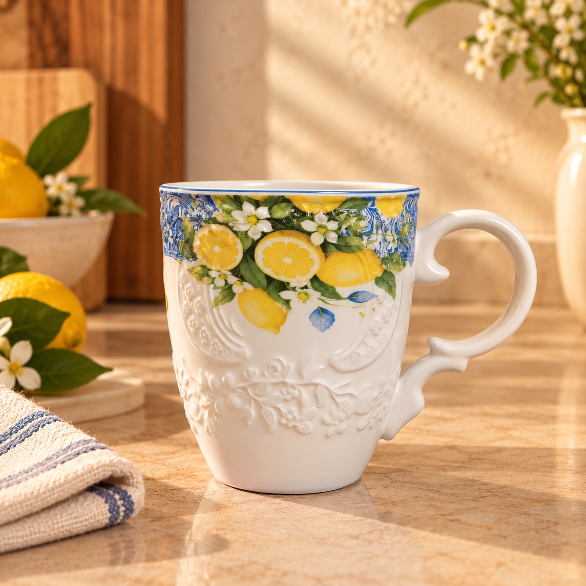 Sorrento Blue Lemon Embossed Ceramic Mug (Set of 2)