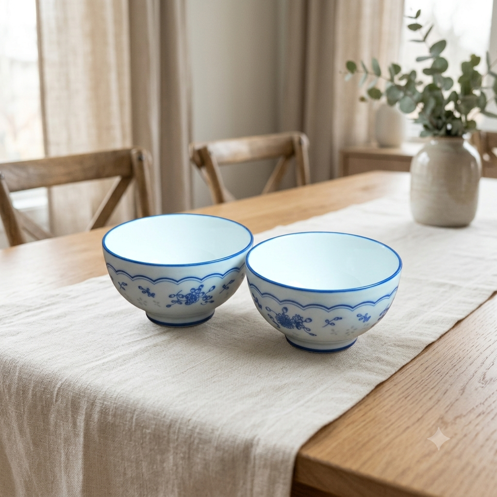 Blue Sprig Scalloped Ceramic Serving Bowl Set of 2