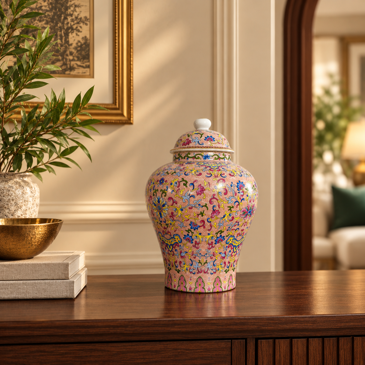 Blush Pink Floral Scroll Ceramic Ginger Jar