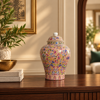 Blush Pink Floral Scroll Ceramic Ginger Jar