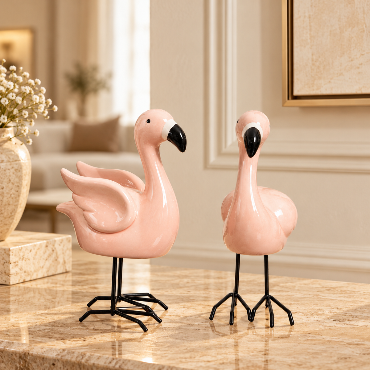 Pink Flamingo Ceramic Figurine (Set of 2)