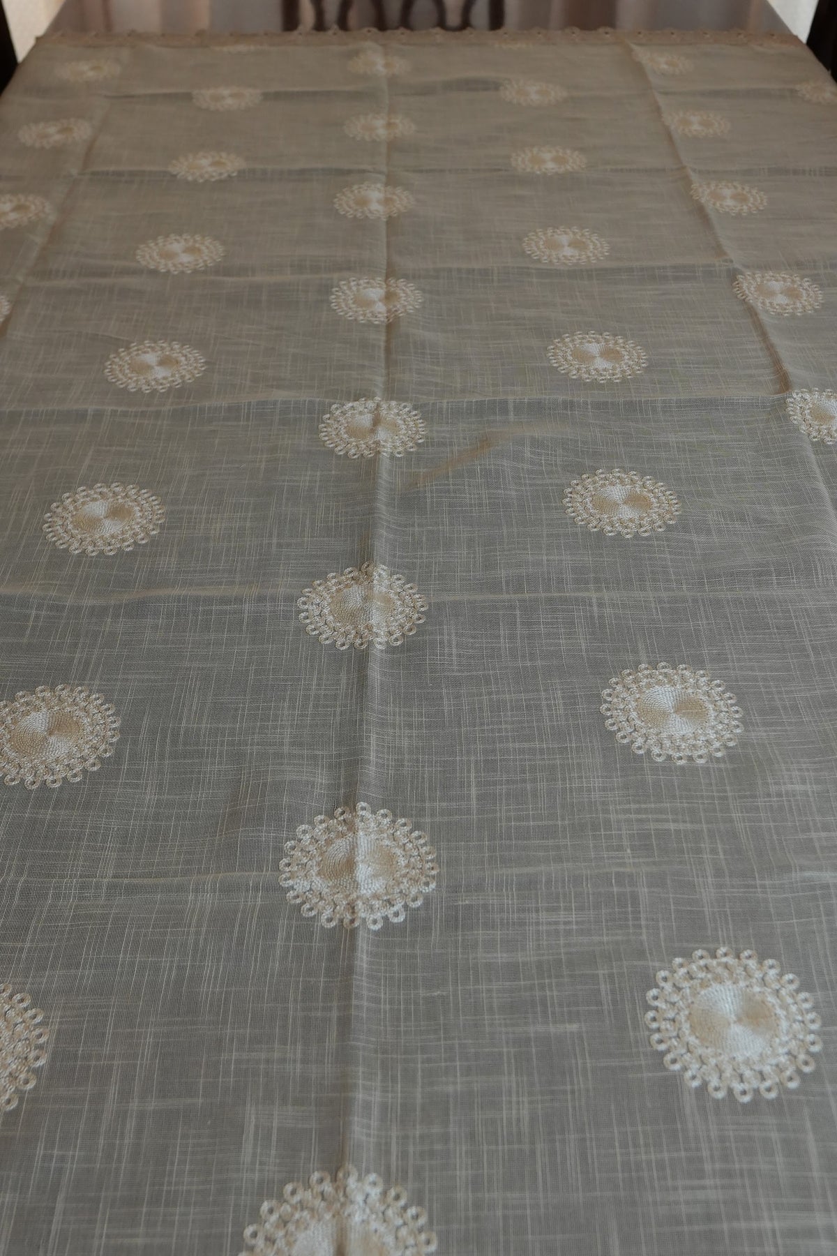 Grey Linen Table Sheet with Cream Medallion Embroidery & Lace Border (6 Seater)