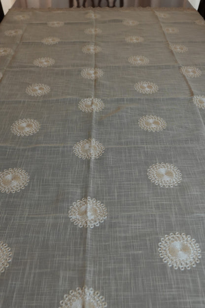 Grey Linen Table Sheet with Cream Medallion Embroidery & Lace Border (6 Seater)