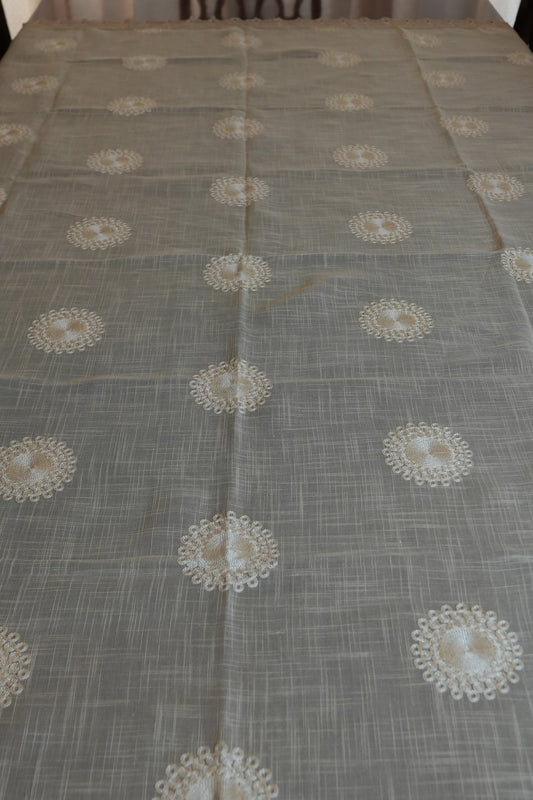 Grey Linen Table Sheet with Cream Medallion Embroidery & Lace Border (6 Seater)