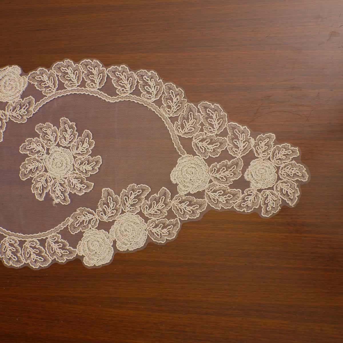 Beige Lace Rose Sheer Table Runner (Long)