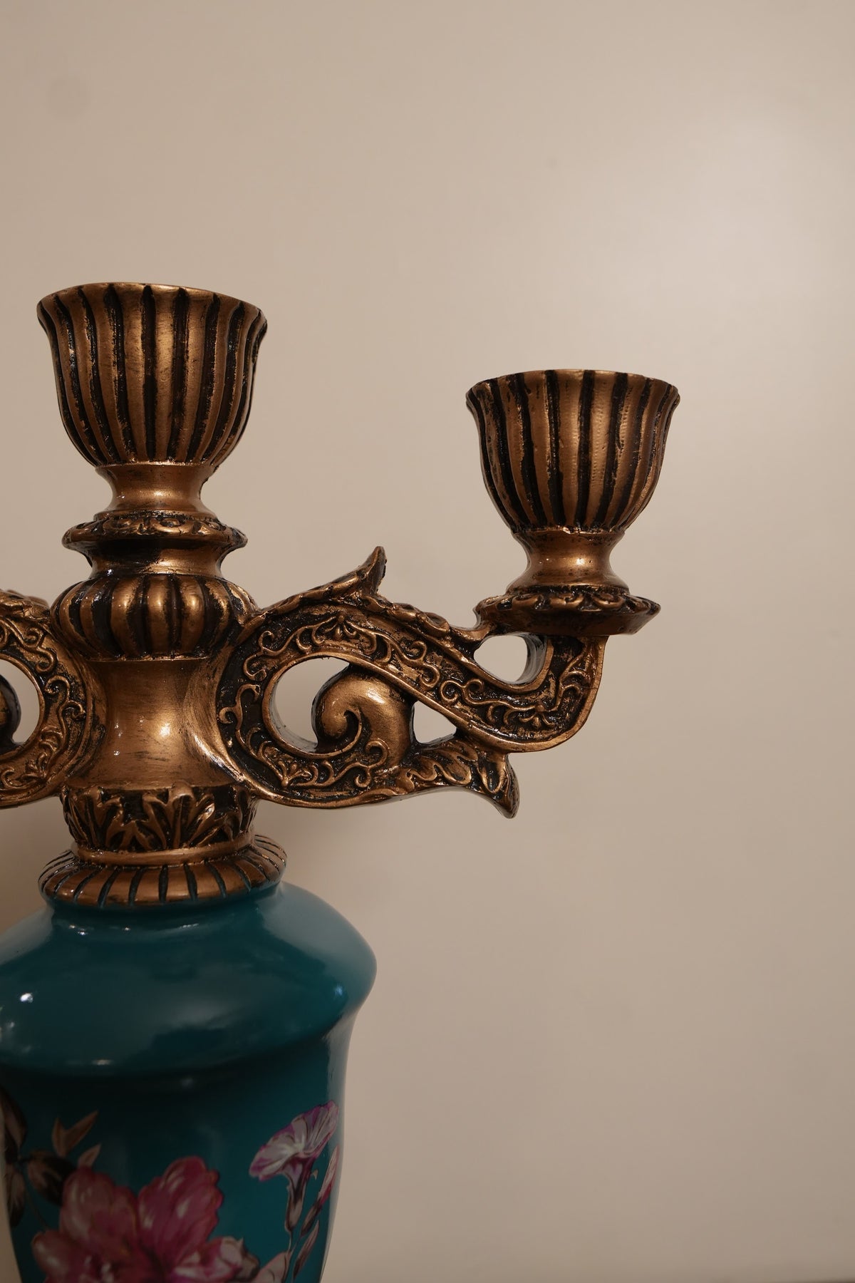 Teal Floral Ceramic 3-Arm Candle Stand with Gold Accents