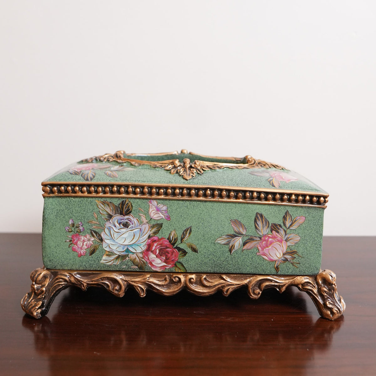 Sage Green Rose Ceramic Tissue Box with Gold Baroque Base