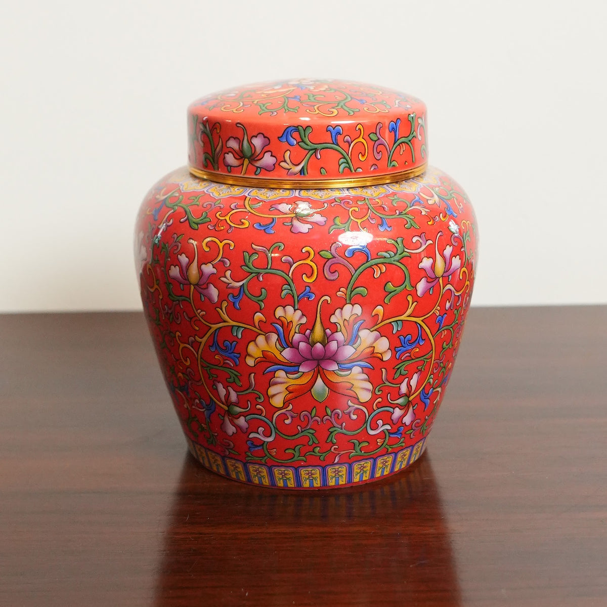 Coral Red Enamel Lotus Ceramic Lidded Jar