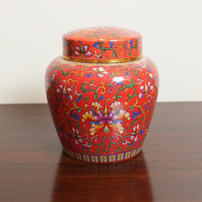 Coral Red Enamel Lotus Ceramic Lidded Jar