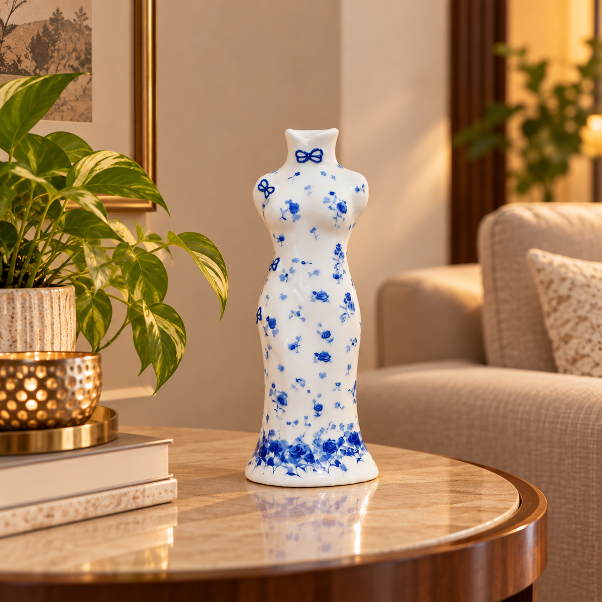 Blue Rose Qipao Lady Ceramic Bud Vase