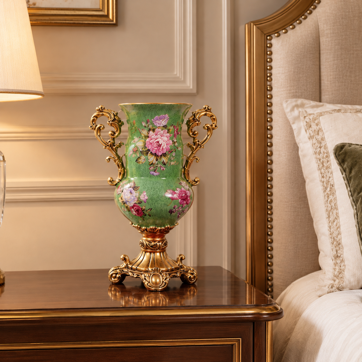 Sage Green Peony Ceramic Trumpet Vase with Gold Scroll Handles & Pedestal