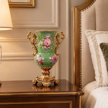 Sage Green Peony Ceramic Trumpet Vase with Gold Scroll Handles & Pedestal