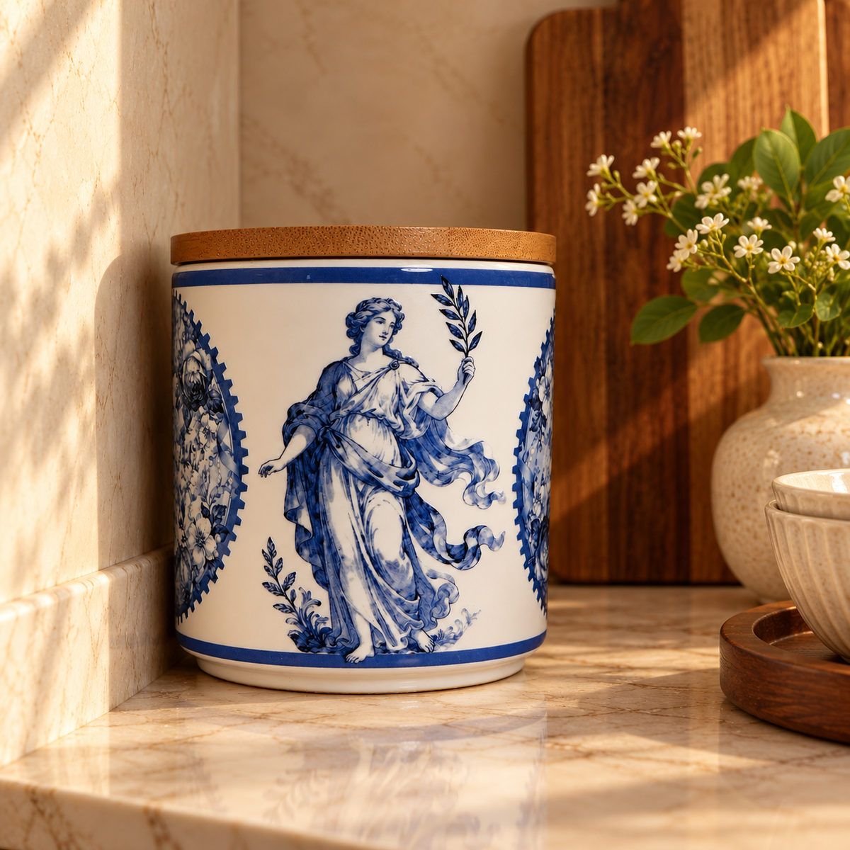 Blue Toile Ceramic Storage Jar with Bamboo Lid