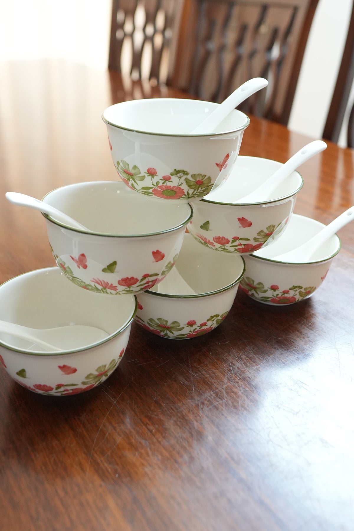 Coral Wildflower Ceramic Soup Bowl Set with Spoons and Gift Box