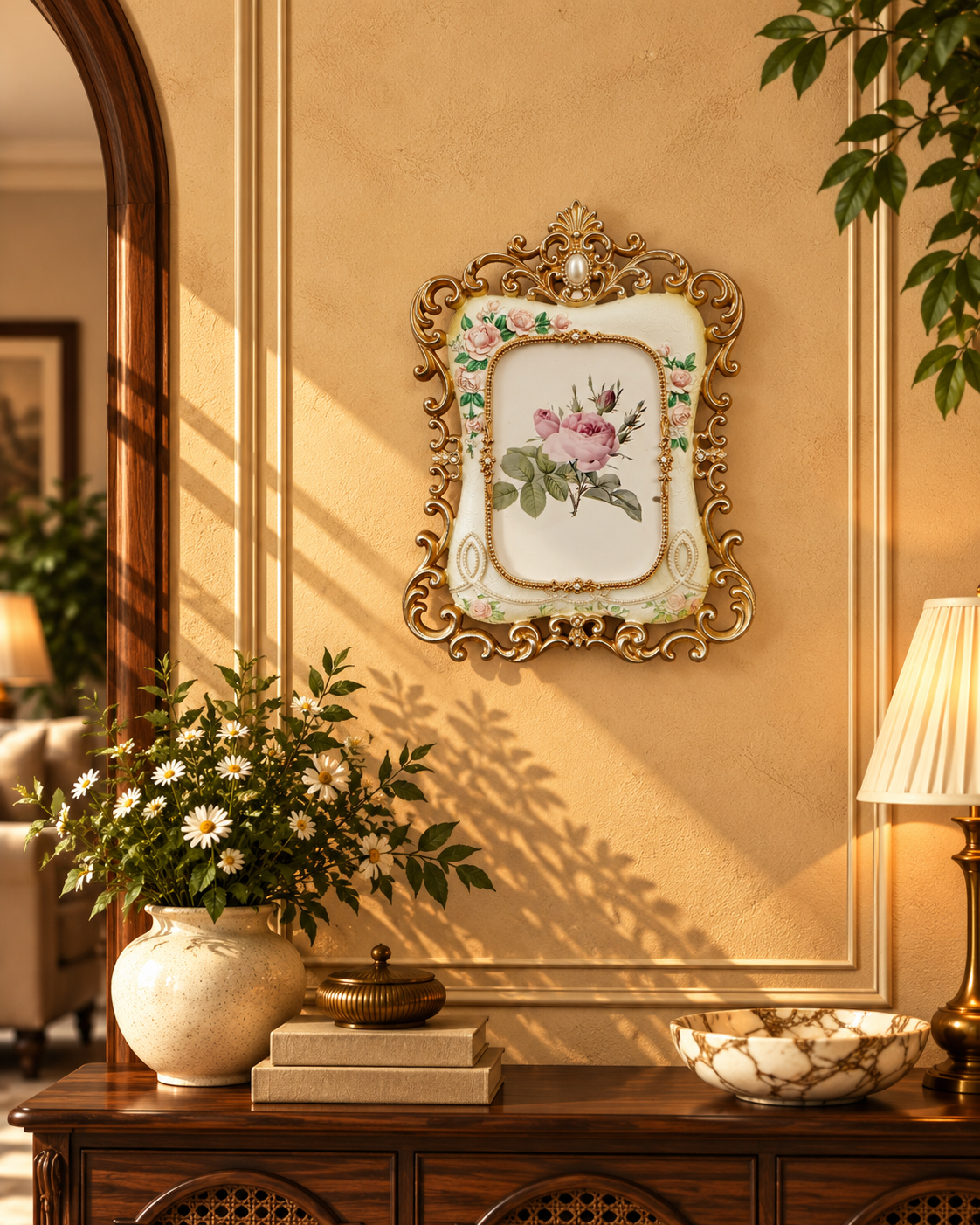 Ivory & Gold Filigree Photo Frame with Rose Accents