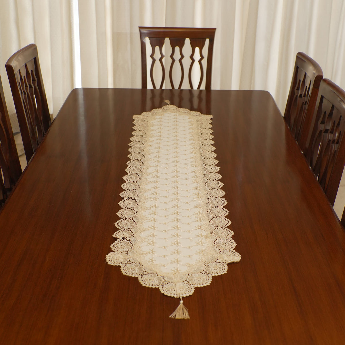 Gold Floral Embroidered Lace Border Table Runner (Long)
