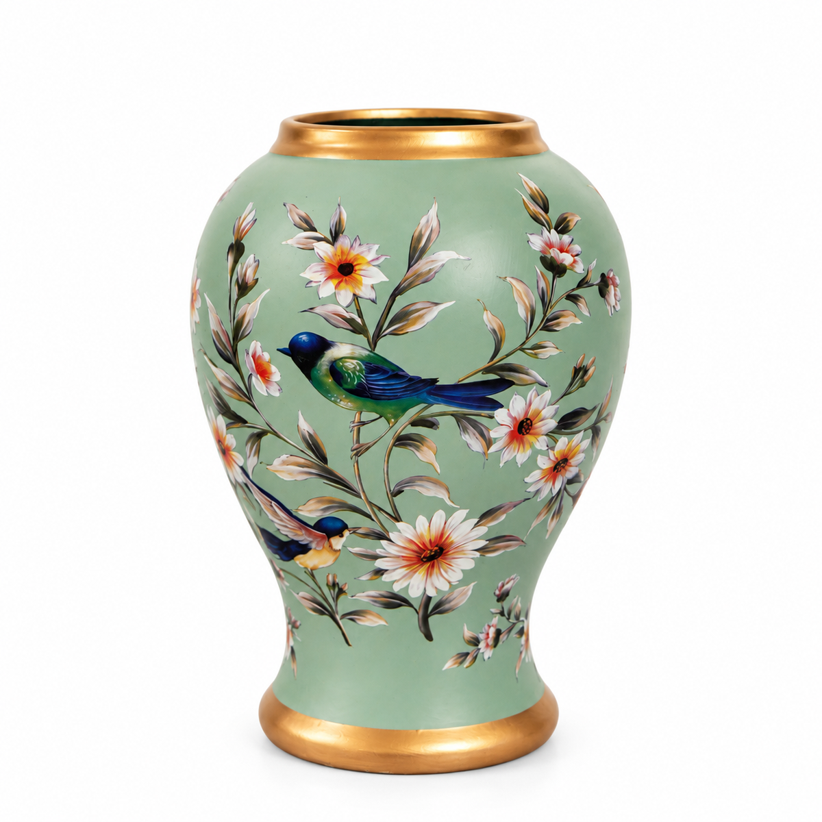 Sage Green Bird & Blossom Baluster Ceramic Vase