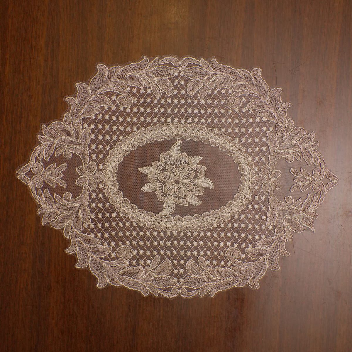 Beige Flower Medallion Net Lace Oval Table Mat (Set of 2)