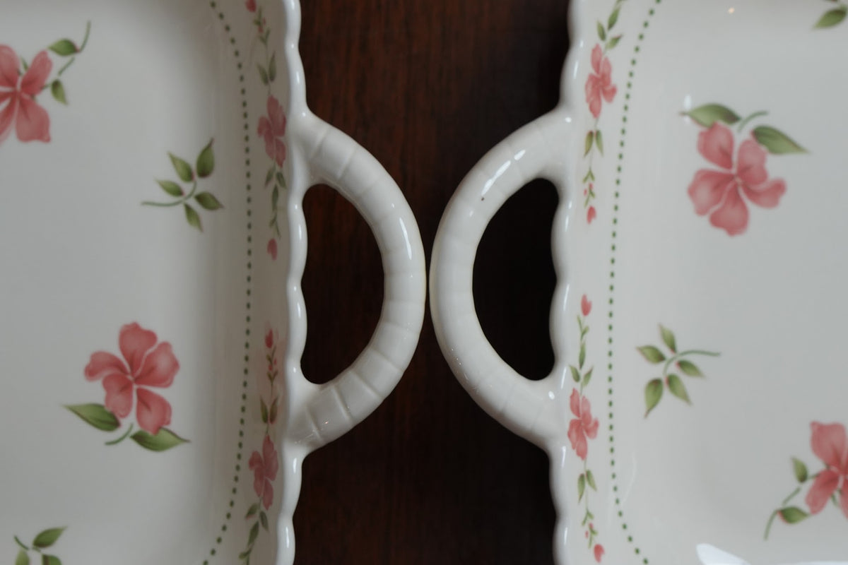 Blush Blossom Ceramic Square Platter with Handles Set of 2