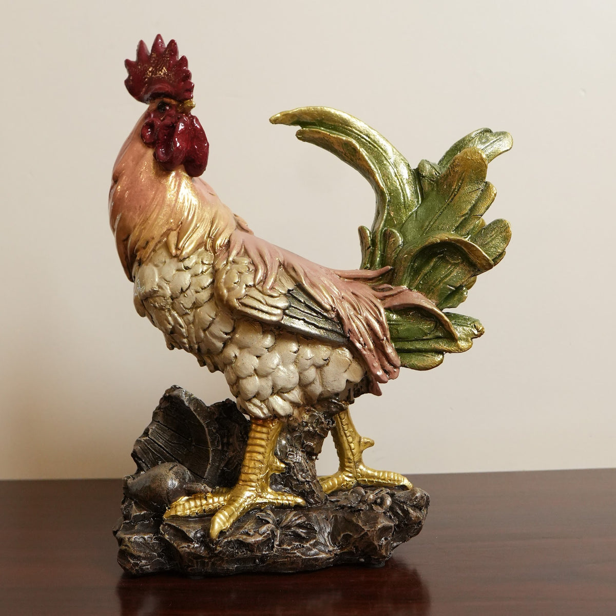 Golden Feather Rooster Figurine on Rock Base