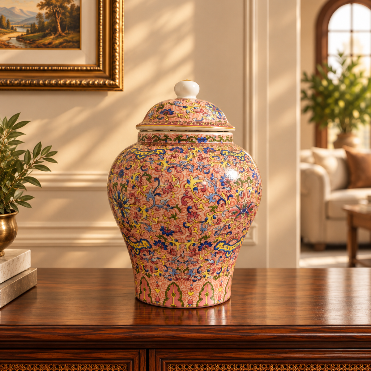 Coral Floral Scroll Ceramic Ginger Jar