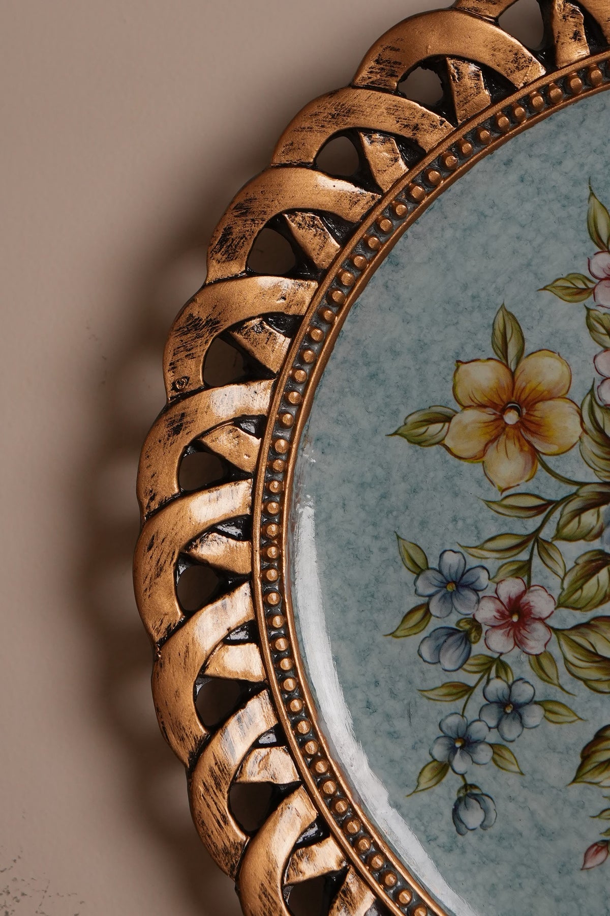 Sky Blue Floral Wall Plate with Bronze Lattice Rim