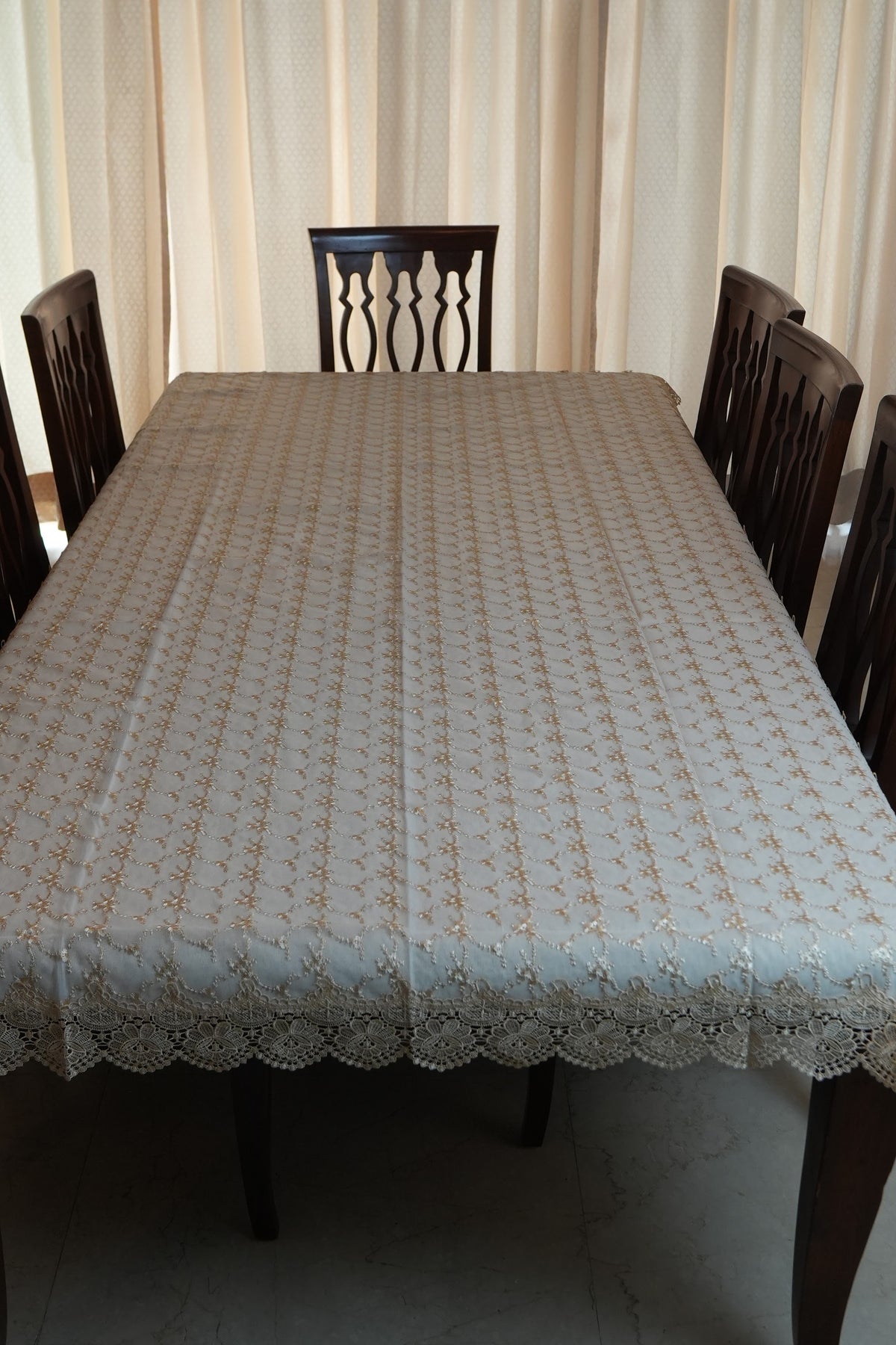 Gold Embroidered Trellis Linen Table Sheet with Lace Border (8 Seater)