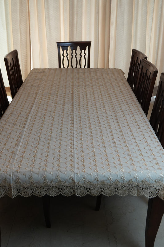 Gold Embroidered Trellis Linen Table Sheet with Lace Border (8 Seater)
