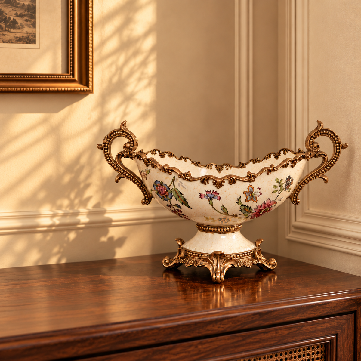 Ivory Floral Ceramic Boat Centerpiece with Gold Handles