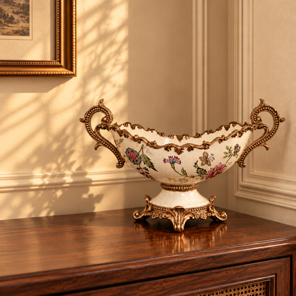 Ivory Floral Ceramic Boat Centerpiece with Gold Handles
