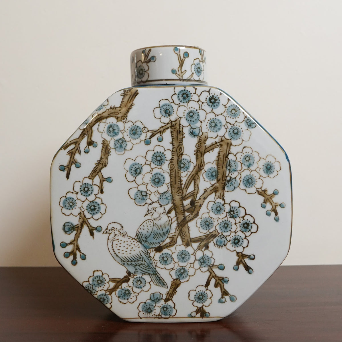 Bluebird & Blossom Tree Ceramic Octagonal Flask Vase