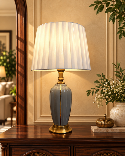 Grey Fluted Ceramic Table Lamp with Gold Accents