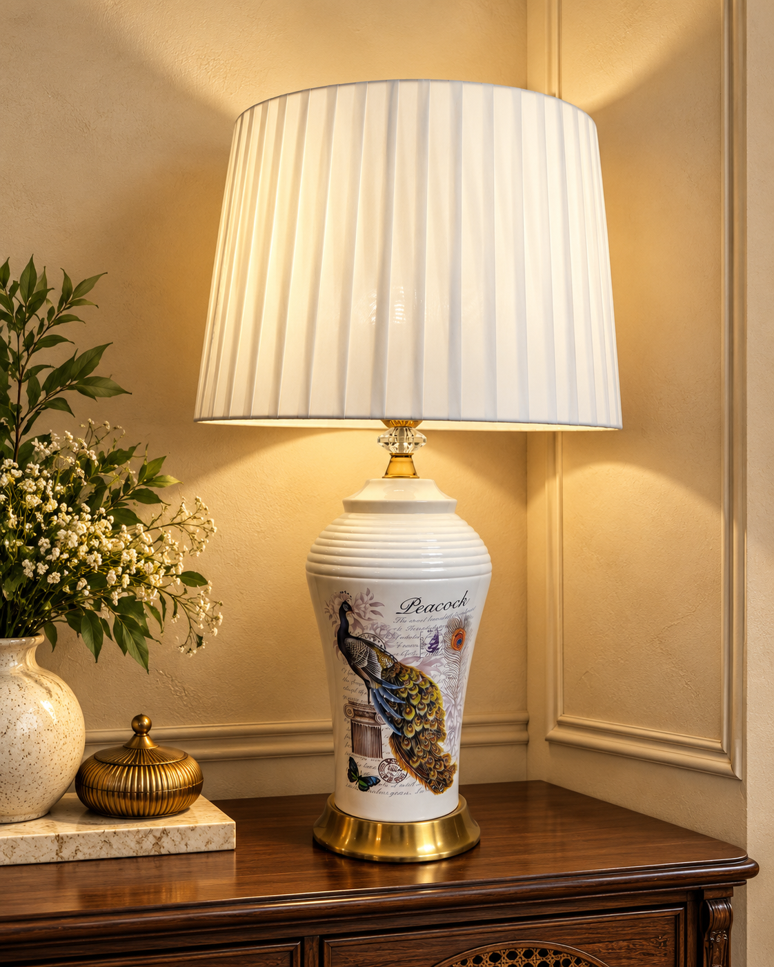 White Peacock Vintage Script Ceramic Table Lamp