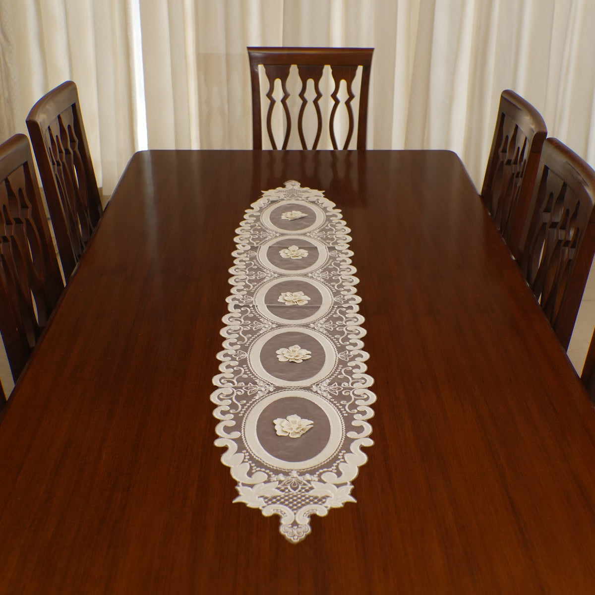 Ivory 3D Flower Oval Sheer Table Runner (Long)