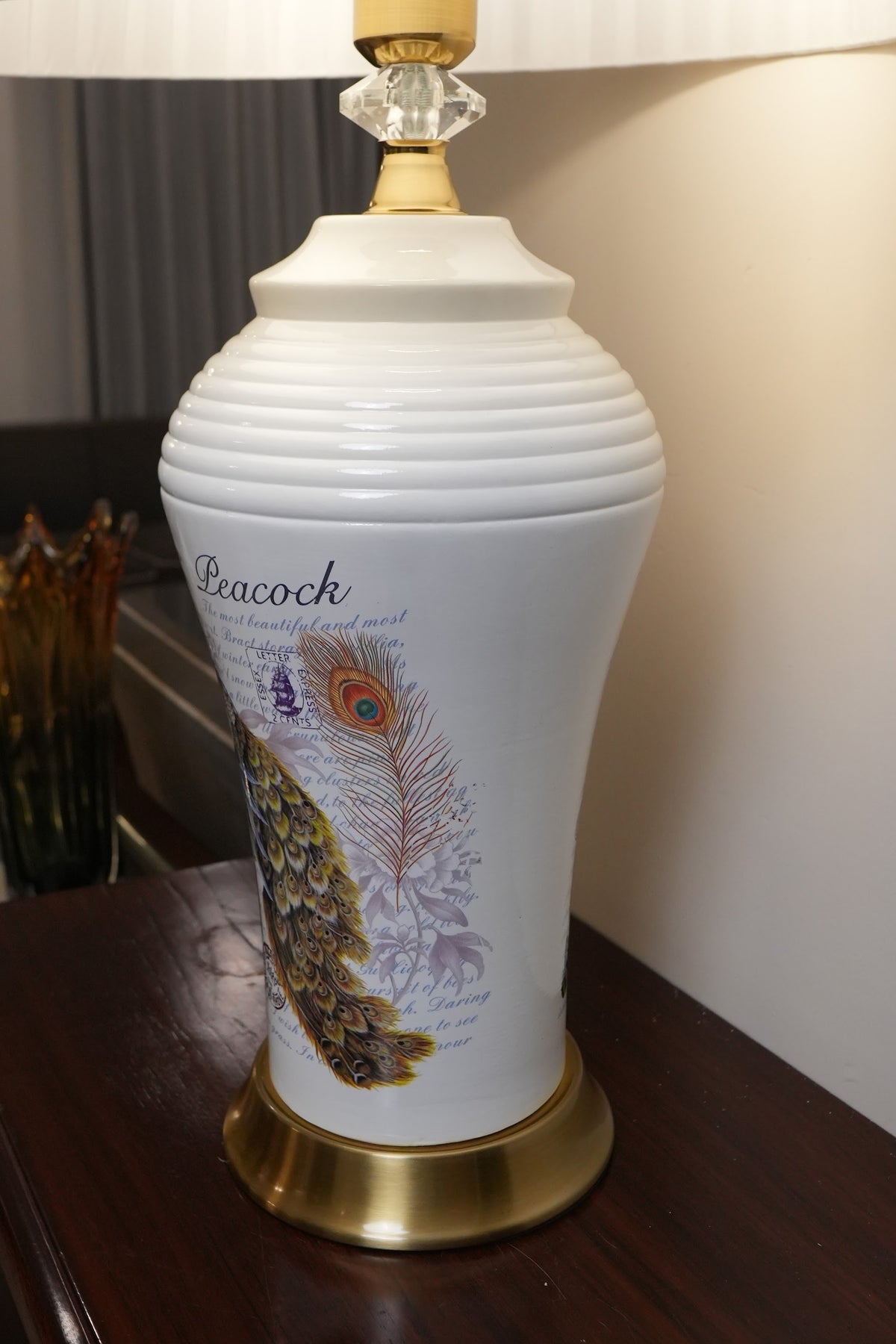 White Peacock Vintage Script Ceramic Table Lamp