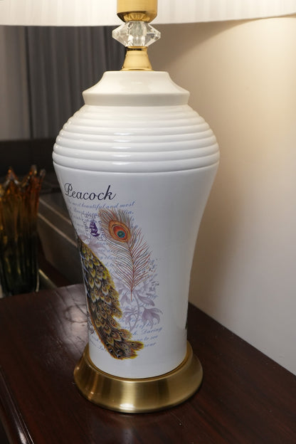 White Peacock Vintage Script Ceramic Table Lamp