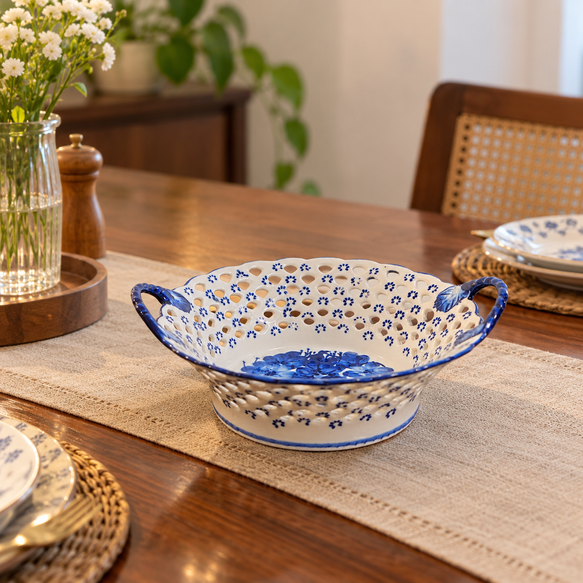 Blue Floral Pierced Lattice Ceramic Basket with Handles