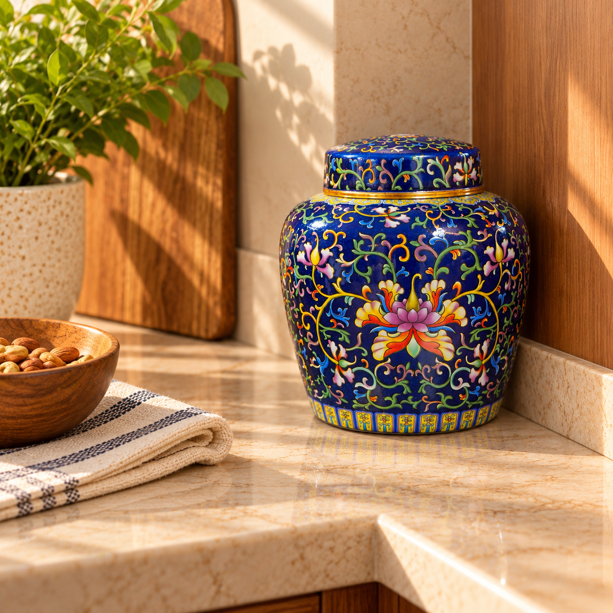 Cobalt Blue Enamel Lotus Ceramic Lidded Jar
