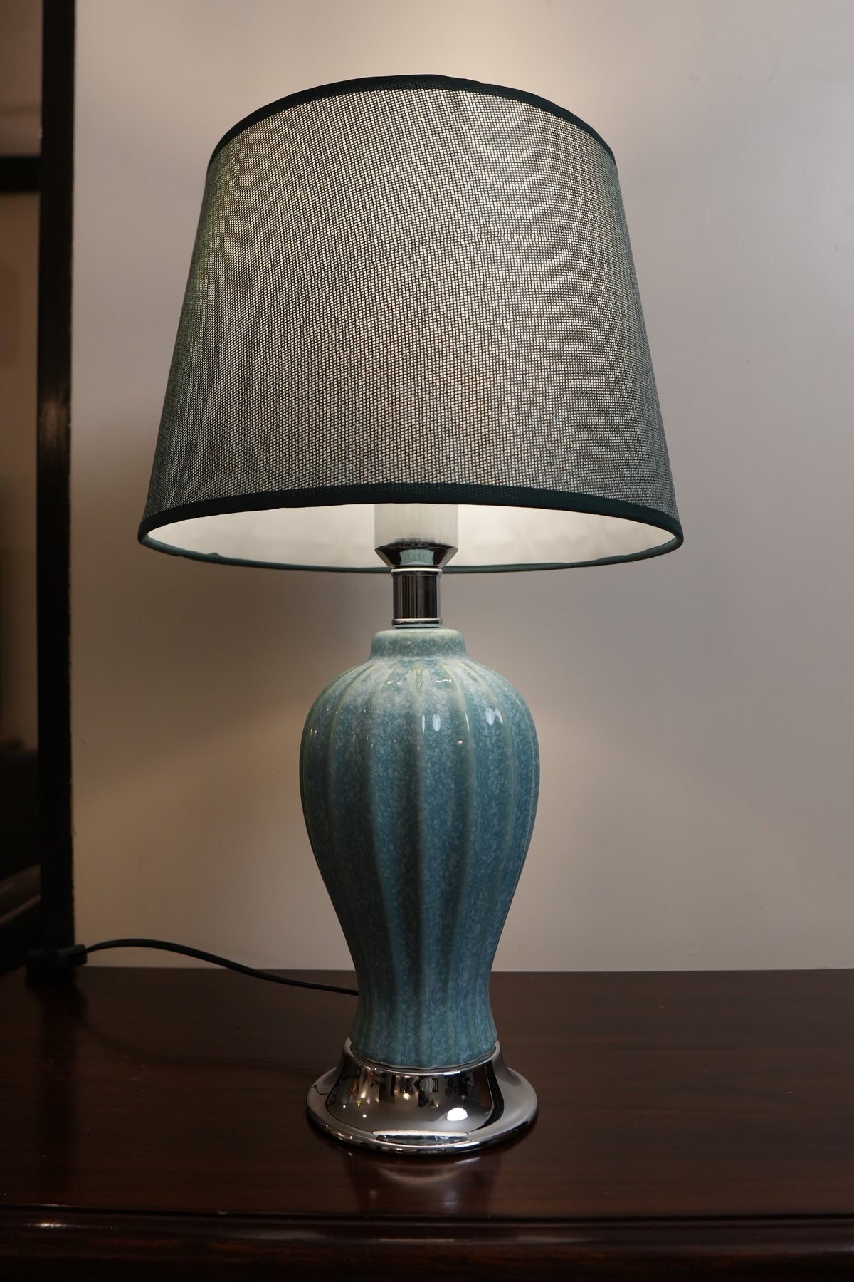 Aqua Speckled Fluted Ceramic Table Lamp with Grey Shade
