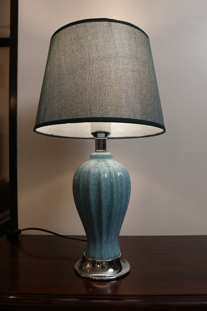 Aqua Speckled Fluted Ceramic Table Lamp with Grey Shade