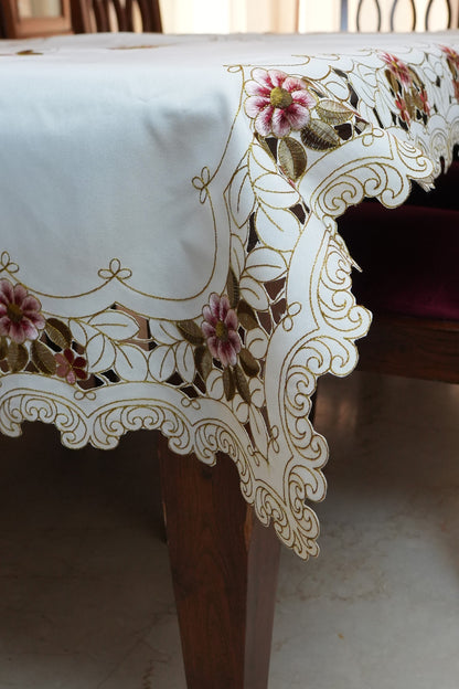 Maroon & Pink Floral Embroidered Cutwork White Table Sheet (6 Seater)